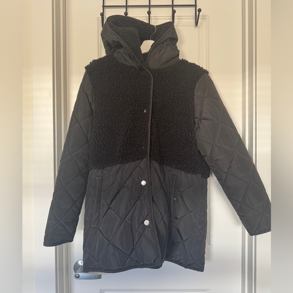 NWOT 🍀 Lucky Brand Mixed Media Quilted Faux Shearling Jacket Black - Picture 2 of 9